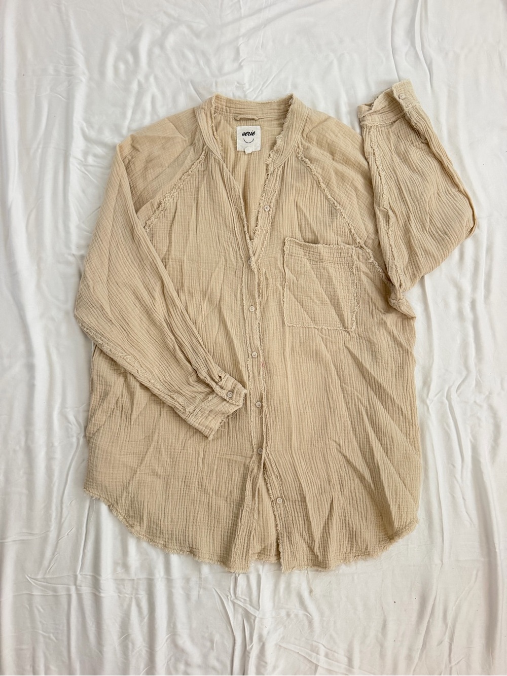Aerie- Beige Textured Oversized Casual Button-Down Shirt